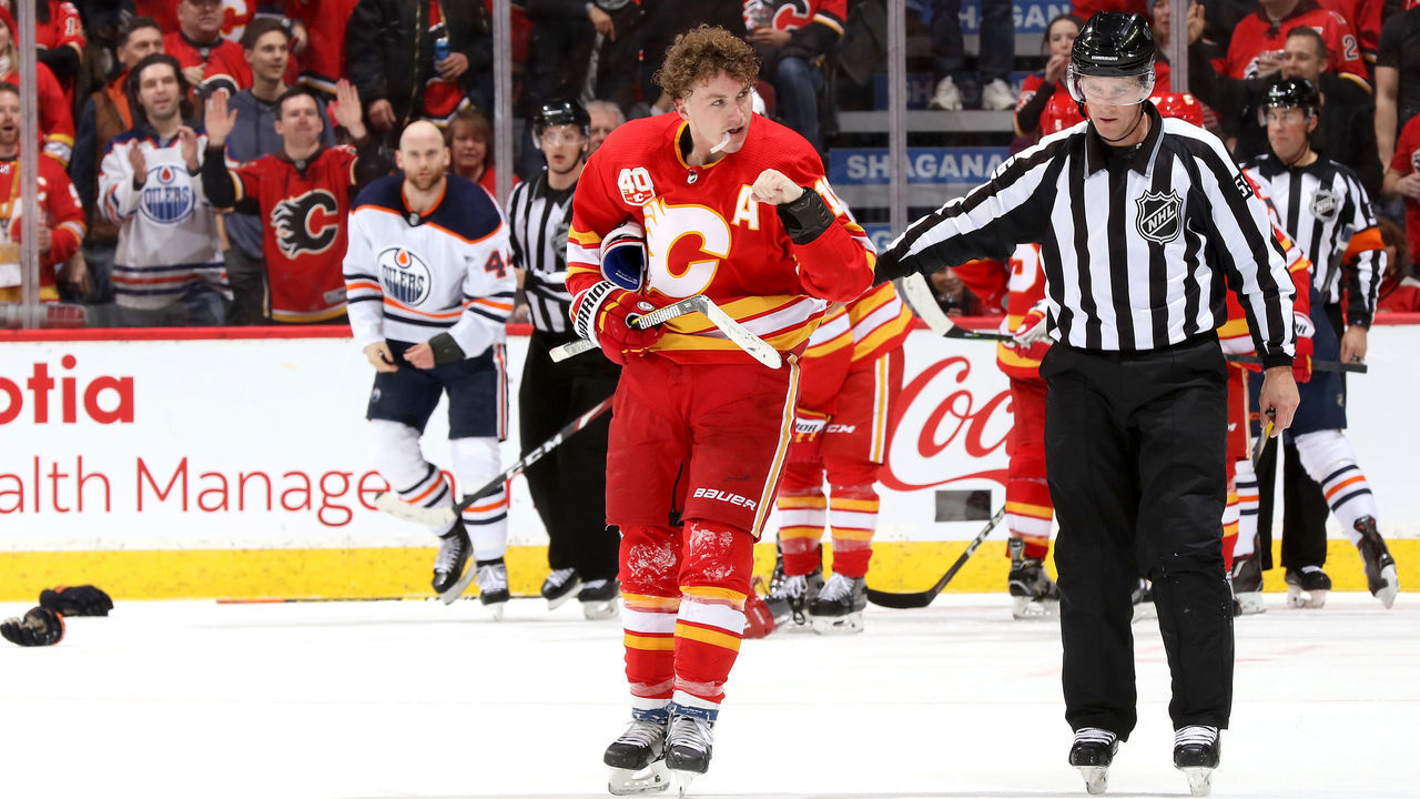 CALGARY, ALBERTA - JANUARY 11: Matthew Tkachuk #19 of the Calgary Flames skates away after a fight against Zack Kassian #44 of the Edmonton Oilers at Scotiabank Saddledome on January 11, 2020 in Calgary, Canada.
