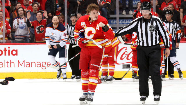 CALGARY, ALBERTA - JANUARY 11: Matthew Tkachuk #19 of the Calgary Flames skates away after a fight against Zack Kassian #44 of the Edmonton Oilers at Scotiabank Saddledome on January 11, 2020 in Calgary, Canada.
