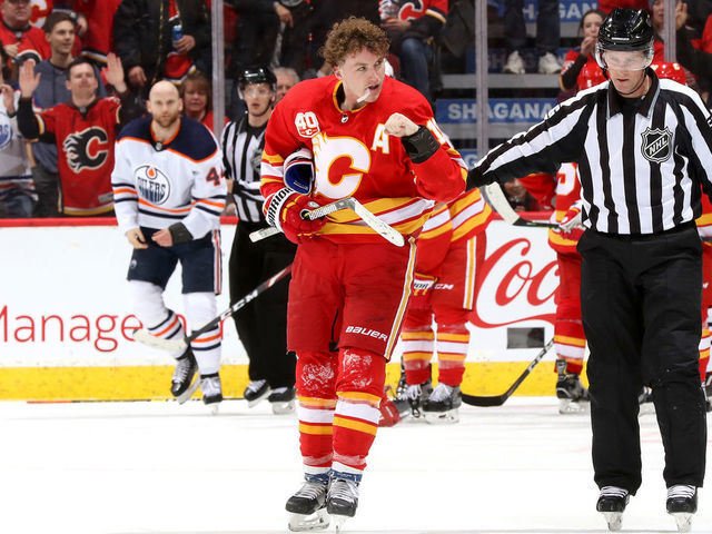 CALGARY, ALBERTA - JANUARY 11: Matthew Tkachuk #19 of the Calgary Flames skates away after a fight against Zack Kassian #44 of the Edmonton Oilers at Scotiabank Saddledome on January 11, 2020 in Calgary, Canada.