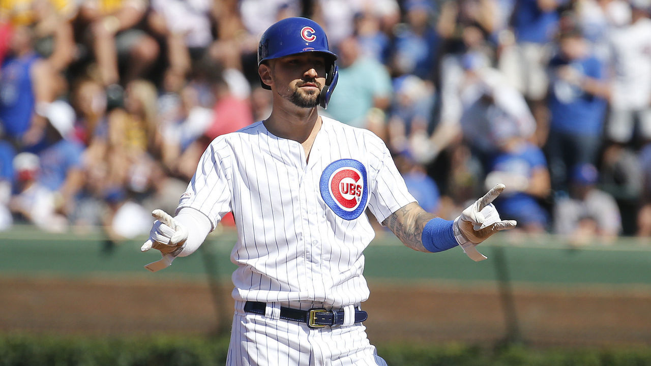 CHICAGO, ILLINOIS - SEPTEMBER 14: Nicholas Castellanos #6 of the Chicago Cubs reacts after his three RBI double during the second inning of a game against the Pittsburgh Pirates at Wrigley Field on September 14, 2019 in Chicago, Illinois.