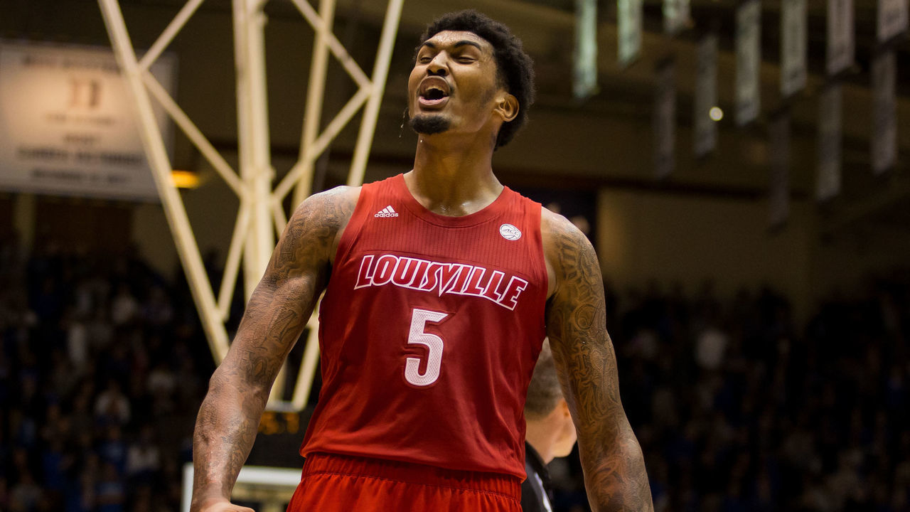 DURHAM, NC - JANUARY 18: Louisville forward Malik Williams (5) celebrates during final seconds of the Duke Blue Devils game versus the Louisville Cardinals on January 18, 2020 at Cameron Indoor Stadium in Durham, NC.
