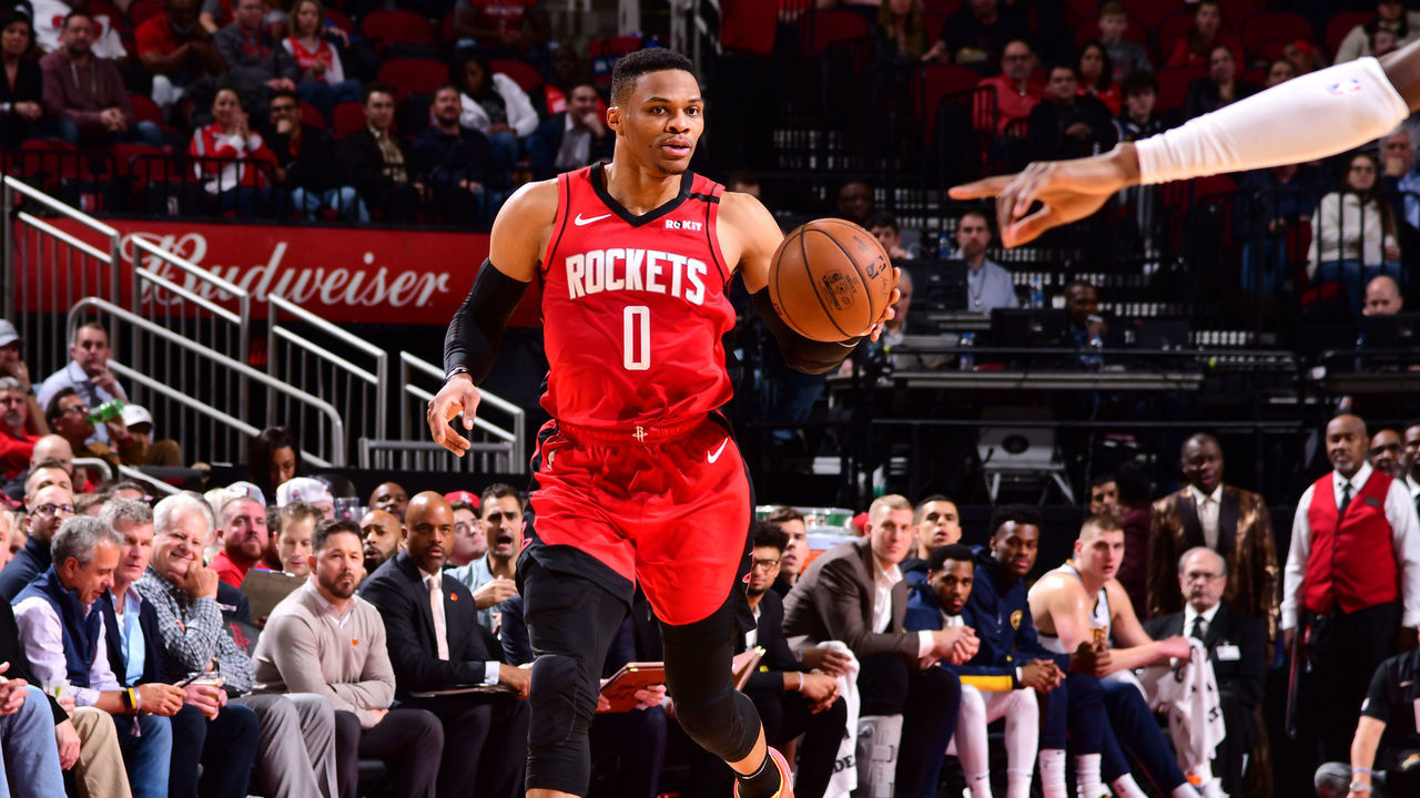 HOUSTON, TX - JANUARY 22: Russell Westbrook #0 of the Houston Rockets handles the ball during a game against the Denver Nuggets on January 22, 2020 at the Toyota Center in Houston, Texas. Mandatory Copyright Notice: Copyright 2020 NBAE