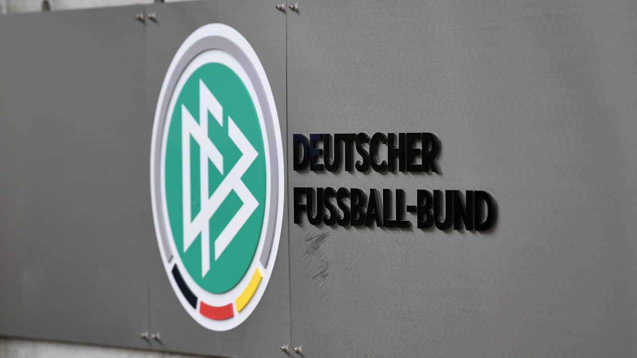 FRANKFURT AM MAIN, GERMANY - APRIL 02: The logo of the German Football Association (DFB) seen at DFB Headquarter on April 02, 2019 in Frankfurt am Main, Germany. Reinhard Grindel, President of the German Football Association (DFB), has stepped down as president, effective immediately. This was confirmed by the DFB today after German media reported on financial irregularities. The two vice presidents Rainer Koch and Reinhard Rauball will take over the leadership of the association on an interim basis until the DFB Bundestag in September.