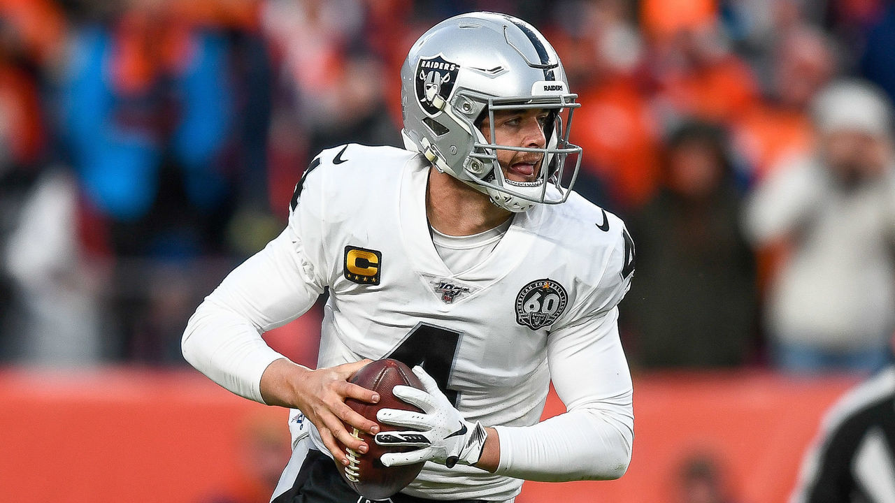 DENVER, CO - DECEMBER 29: Derek Carr #4 of the Oakland Raiders rolls out of the pocket against the Denver Broncos in the second half of a game at Empower Field at Mile High on December 29, 2019 in Denver, Colorado.