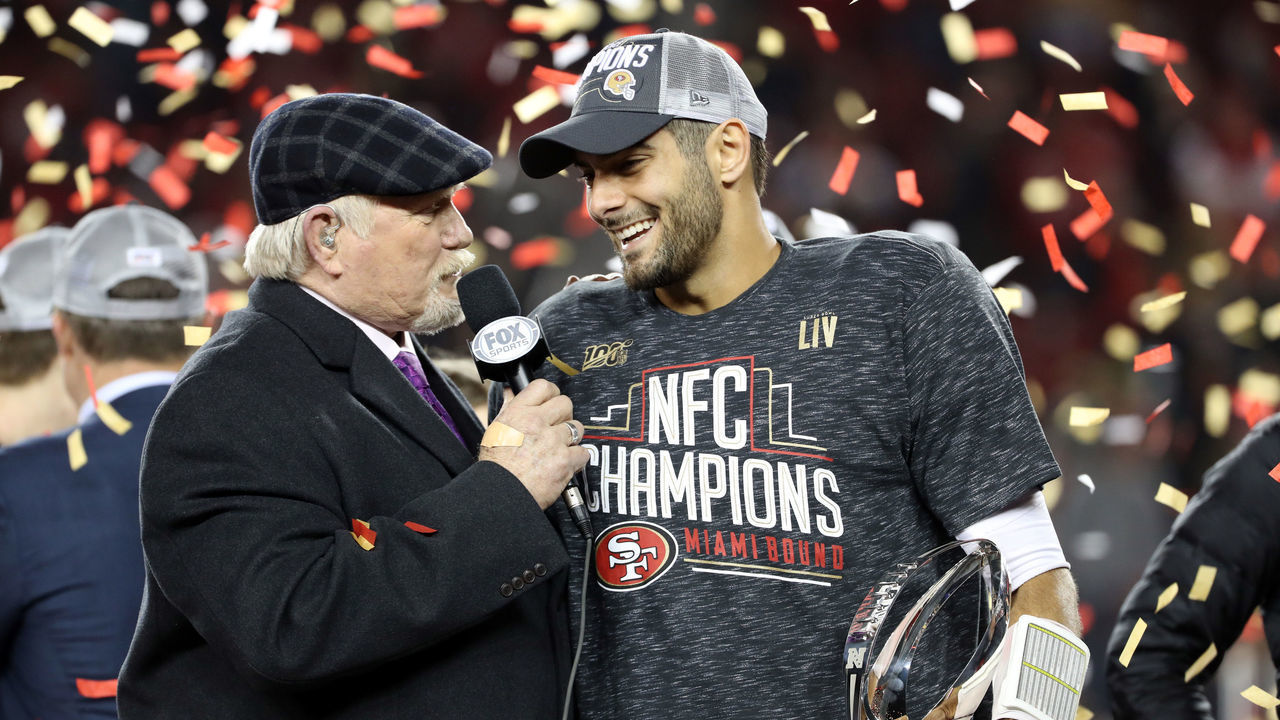 SANTA CLARA, CA - JANUARY 19: San Francisco 49ers Quarterback Jimmy Garoppolo (10) is interviewed by Terry Bradshaw after winning an NFC Conference Championship game between the San Francisco 49ers and the Green Bay Packers on January 19, 2020, at Levi's Stadium in Santa Clara, California.