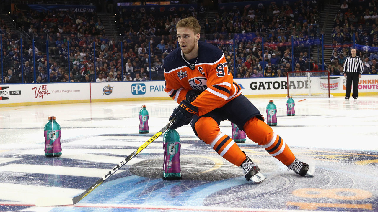TAMPA, FL - JANUARY 27: Connor McDavid #97 of the Edmonton Oilers competes in the Gatorade NHL Puck Control Relay during 2018 GEICO NHL All-Star Skills Competition at Amalie Arena on January 27, 2018 in Tampa, Florida.