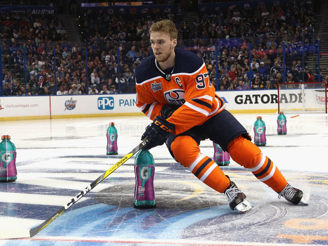 TAMPA, FL - JANUARY 27: Connor McDavid #97 of the Edmonton Oilers competes in the Gatorade NHL Puck Control Relay during 2018 GEICO NHL All-Star Skills Competition at Amalie Arena on January 27, 2018 in Tampa, Florida.