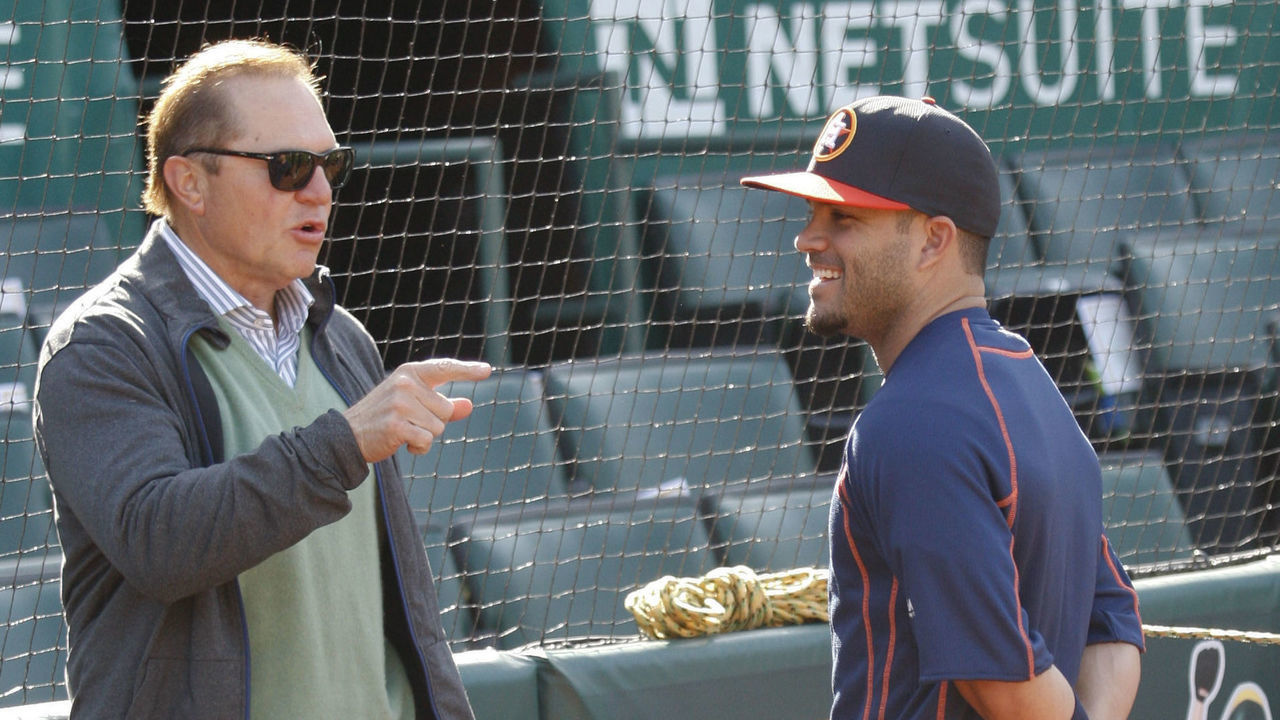 OAKLAND, CA - APRIL 29: Agent Scott Boras talks with Jose Altuve #27 of the Houston Astros on the field prior to the game against the Oakland Athletics at the Oakland Coliseum on April 29, 2016 in Oakland, California. The Athletics defeated the Astros 7-4.