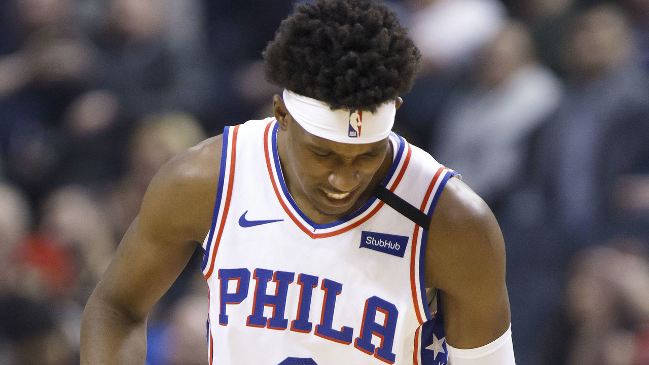 TORONTO, ON - JANUARY 22: Josh Richardson #0 of the Philadelphia 76ers holds his leg as he limps off the court during first half of their NBA game against the Toronto Raptors at Scotiabank Arena on January 22, 2020 in Toronto, Canada.