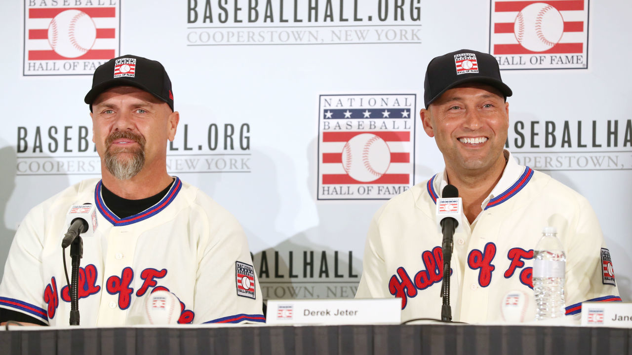 NEW YORK, NY - JANUARY 22: Larry Walker and Derek Jeter speak to the media during the 2020 Hall of Fame Press Conference at St. Regis Hotel on Wednesday, January 22, 2020 in New York, New York.