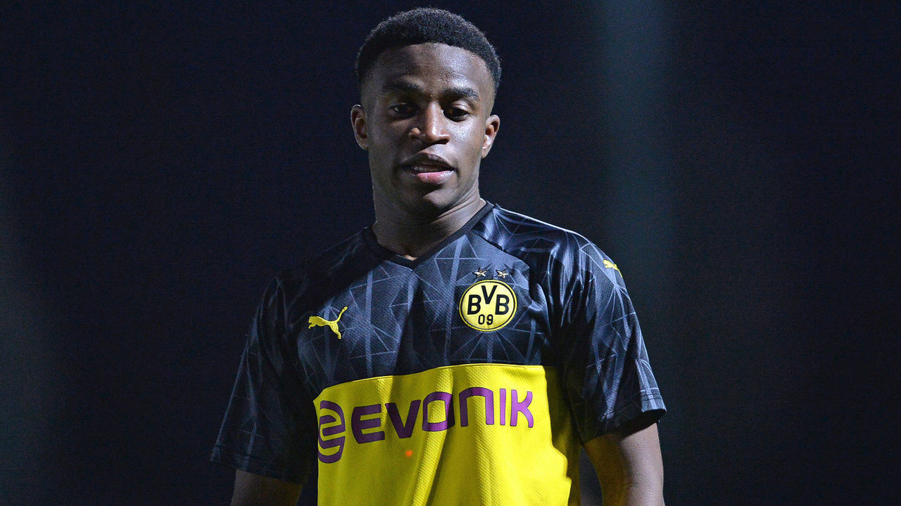 DORTMUND, GERMANY - DECEMBER 10: (BILD ZEITUNG OUT) Youssoufa Moukoko of Borussia Dortmund U19 looks on during the UEFA Youth League match between Borussia Dortmund U19 and Slavia Praha U19 on December 10, 2019 in Dortmund, Germany.