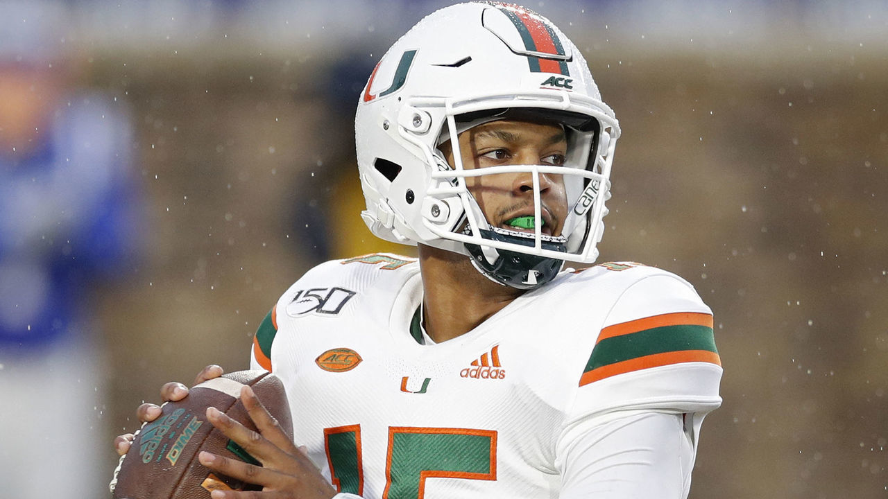 DURHAM, NC - NOVEMBER 30: Jarren Williams #15 of the Miami Hurricanes looks to pass the ball during a game against the Duke Blue Devils at Wallace Wade Stadium on November 30, 2019 in Durham, North Carolina. Duke defeated Miami 27-17.