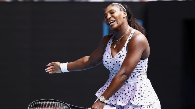 MELBOURNE, AUSTRALIA - JANUARY 24: Serena Williams of the United States reacts after losing a point during her Women's Singles third round match against Qiang Wang of China on day five of the 2020 Australian Open at Melbourne Park on January 24, 2020 in Melbourne, Australia.