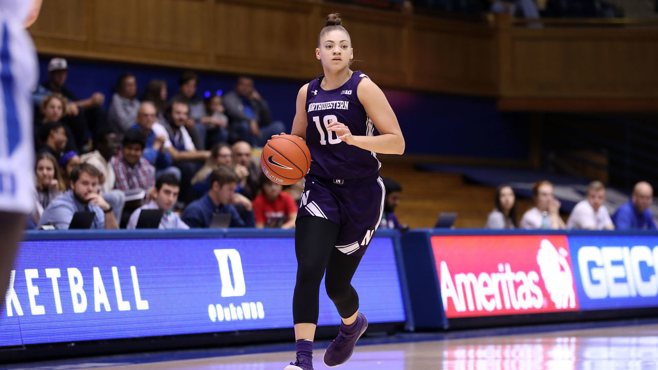 DURHAM, NC - NOVEMBER 17: Lindsey Pulliam #10 of Northwestern University brings the ball up the court during a game between Northwestern University and Duke University at Cameron Indoor Stadium on November 17, 2019 in Durham, North Carolina.