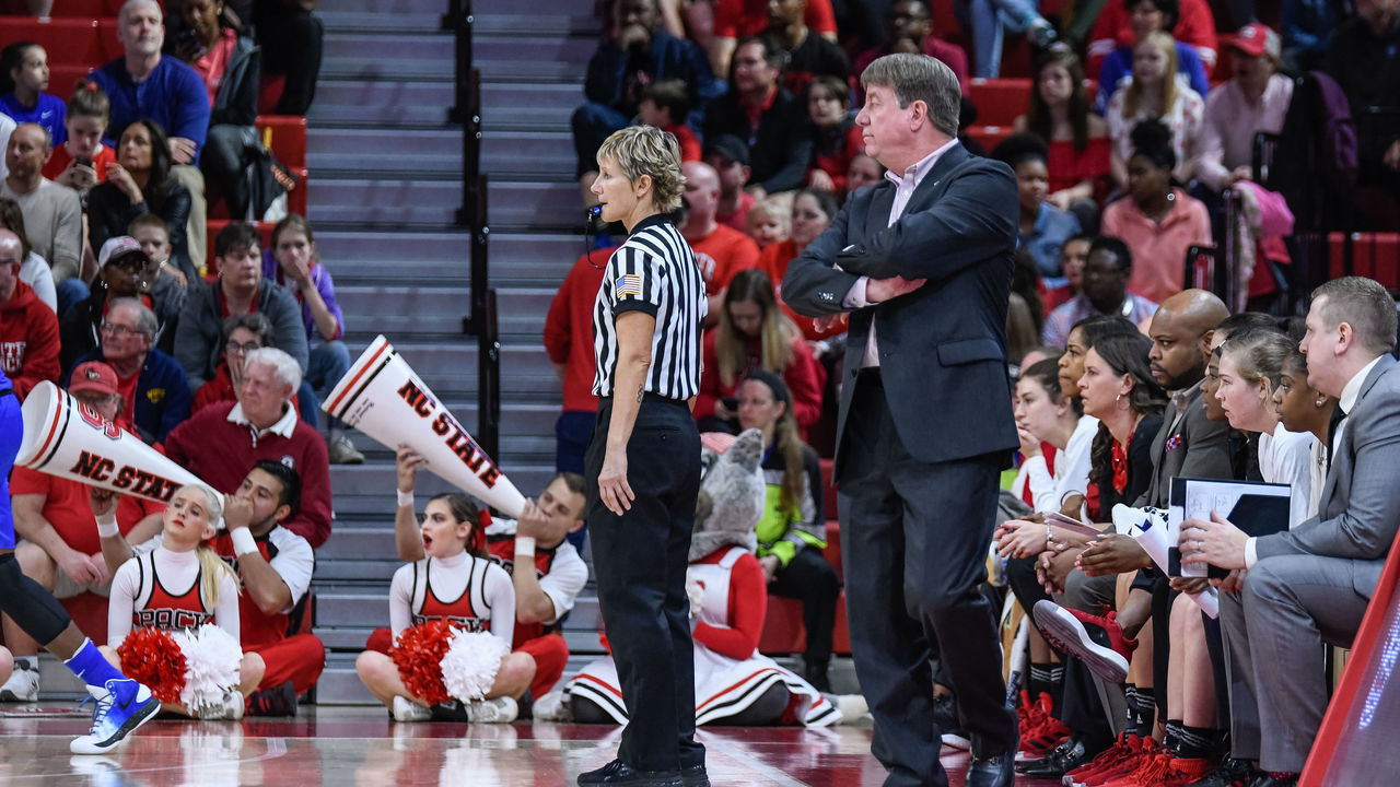 RALEIGH, NC - MARCH 25: NC State Wolfpack head coach Wes Moore during the 2019 Div 1 Championship - Second Round college basketball game between the Kentucky Wildcats and the NC State Wolfpack on March 25, 2019 at Reynolds Coliseum in Raleigh, NC.