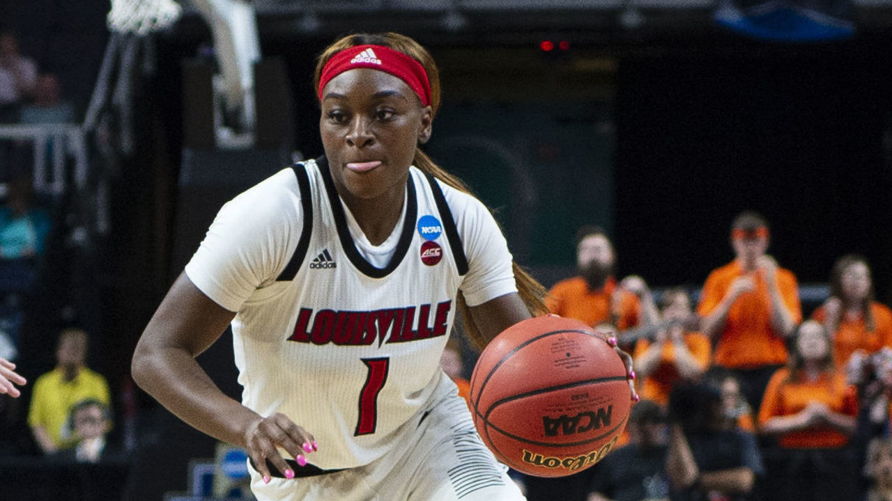 ALBANY, NY - MARCH 29: Louisville Cardinals Guard Dana Evans (1) dribbles the ball up the court during the second half of the game between the Oregon State Beavers and the Louisville Cardinals on March 29, 2019, at the Times Union Center in Albany NY.