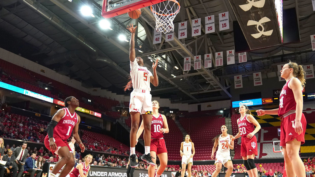 COLLEGE PARK, M - JANUARY 20: Kaila Charles #5 of the Maryland Terrapins drives to the basket in the fourth quarter against the Indiana Hoosiers at the Xfinity Center on January 20, 2020 in College Park, Maryland.
