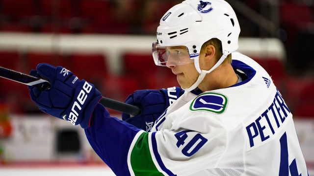 RALEIGH, NC - OCTOBER 09: Vancouver Canucks Center Elias Pettersson (40) shoots in warmups during a game between the Vancouver Canucks and the Carolina Hurricanes at the PNC Arena in Raleigh, NC on October 9, 2018. Carolina defeated Vancouver 5 - 3.