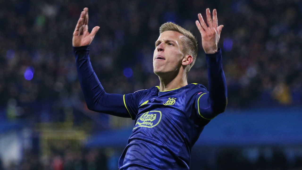 ZAGREB, CROATIA - DECEMBER 11: Dani Olmo of Dinamo Zagreb celebrates a goal during the UEFA Champions League group C match between Dinamo Zagreb and Manchester City at Maksimir Stadium on December 11, 2019 in Zagreb, Croatia.