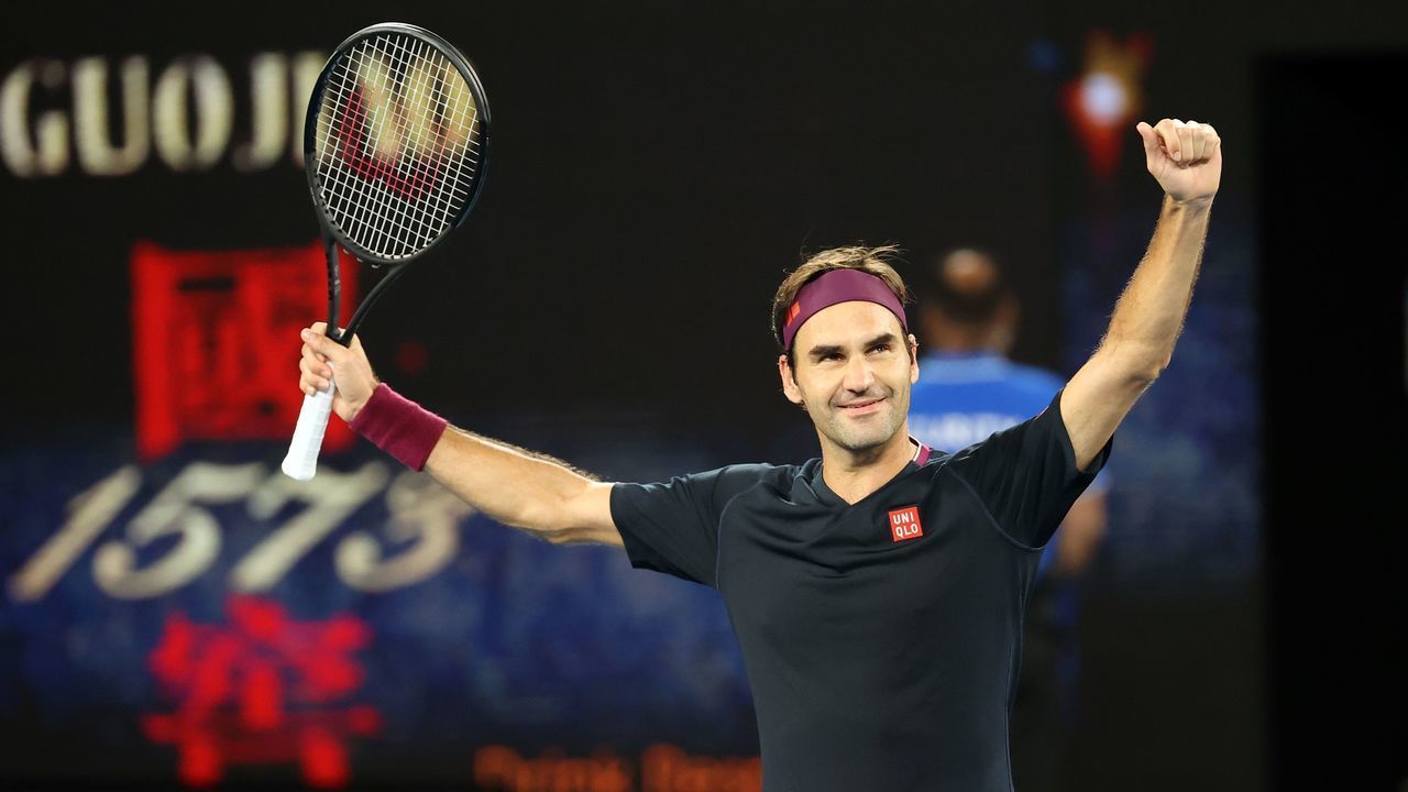 Switzerland's Roger Federer celebrates after victory against Australia's John Millman during their men's singles match on day five of the Australian Open tennis tournament in Melbourne on January 25, 2020.