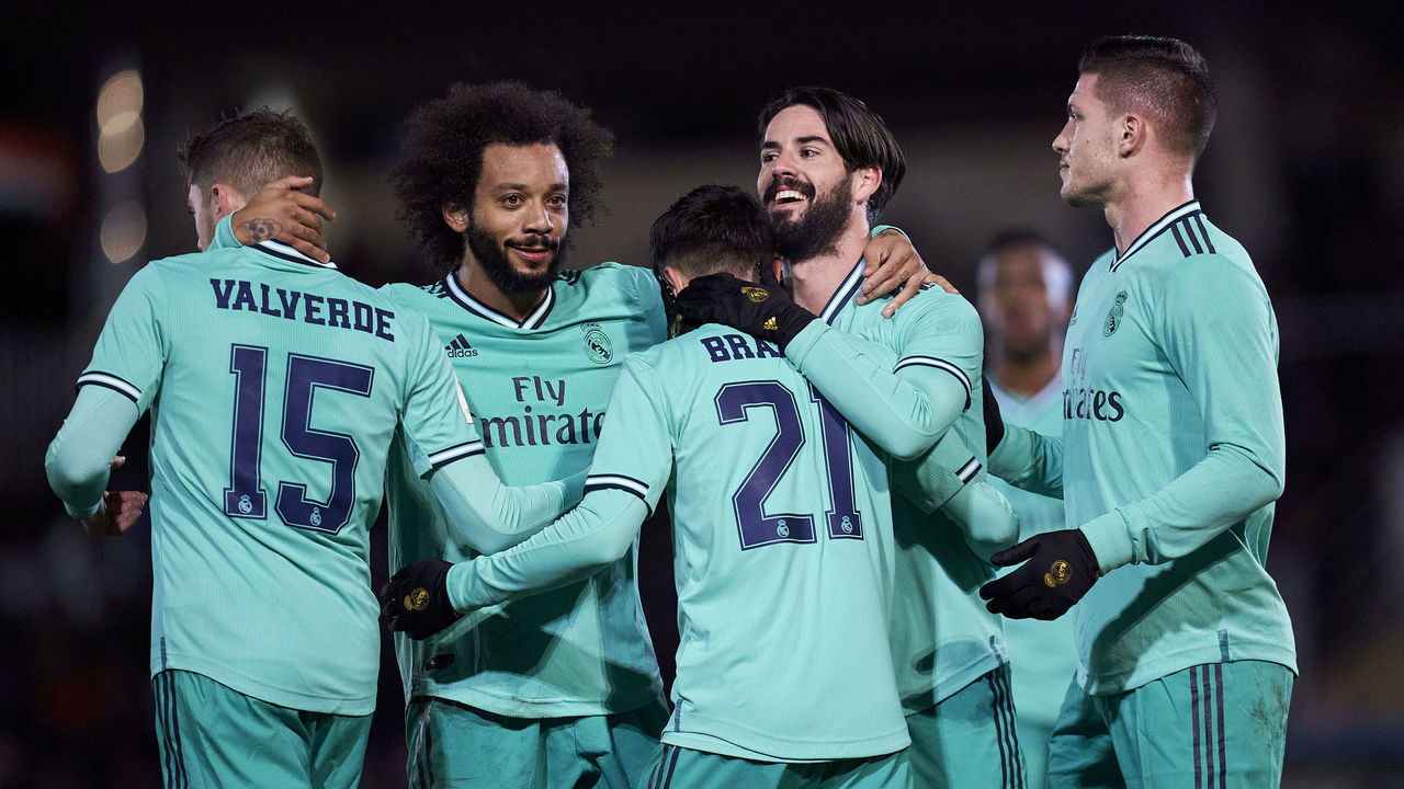 SALAMANCA, SPAIN - JANUARY 22: Brahim Diaz of Real Madrid CF celebrates after scoring his team's third goal during the Copa del Rey round of 32 match between Unionistas CF and Real Madrid CF at stadium of Las Pistas on January 22, 2020 in Salamanca, Spain.