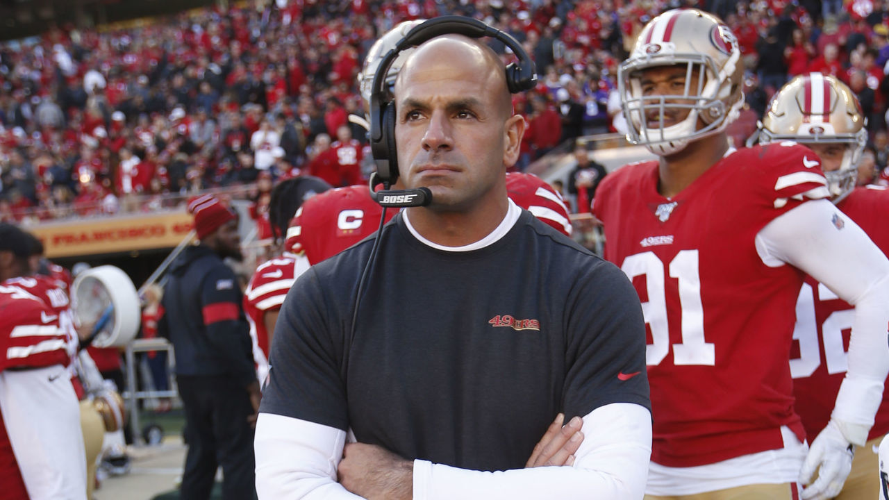 SANTA CLARA, CA - JANUARY 11: Defensive Coordinator Robert Saleh of the San Francisco 49ers stands on the sideline during the game against the Minnesota Vikings at Levi's Stadium on January 11, 2020 in Santa Clara, California. The 49ers defeated the Vikings 27-10.
