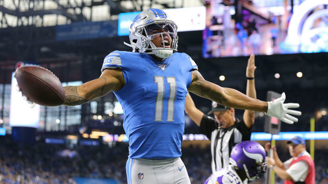 DETROIT, MI - OCTOBER 20: Marvin Jones #11 of the Detroit Lions celebrates his first quarter touchdown catch against the Minnesota Vikings at Ford Field on October 20, 2019 in Detroit, Michigan.
