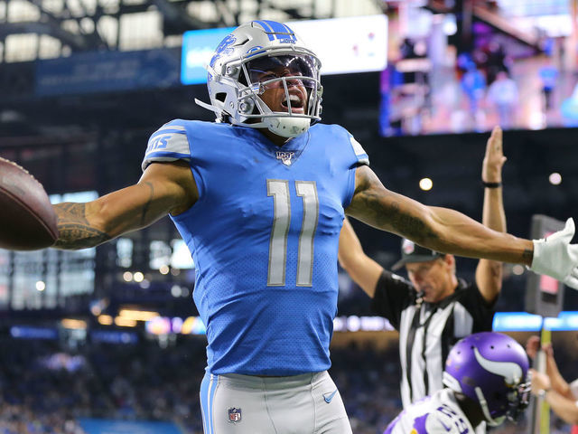DETROIT, MI - OCTOBER 20: Marvin Jones #11 of the Detroit Lions celebrates his first quarter touchdown catch against the Minnesota Vikings at Ford Field on October 20, 2019 in Detroit, Michigan.