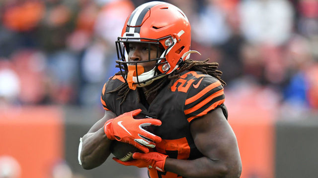 CLEVELAND, OH - DECEMBER 8, 2019: Running back Kareem Hunt #27 of the Cleveland Browns carries the ball in the second quarter of a game against the Cincinnati Bengals on December 8, 2019 at FirstEnergy Stadium in Cleveland, Ohio. Cleveland won 27-19. (Photo by: 2019 Nick Cammett/Diamond Images via Getty Images)