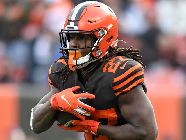 CLEVELAND, OH - DECEMBER 8, 2019: Running back Kareem Hunt #27 of the Cleveland Browns carries the ball in the second quarter of a game against the Cincinnati Bengals on December 8, 2019 at FirstEnergy Stadium in Cleveland, Ohio. Cleveland won 27-19. (Photo by: 2019 Nick Cammett/Diamond Images via Getty Images)