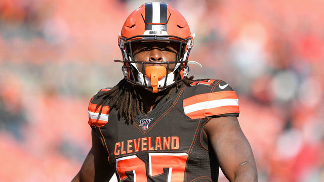 CLEVELAND, OH - NOVEMBER 24, 2019: Running back Kareem Hunt #27 of the Cleveland Browns on the field prior to a game against the Miami Dolphins on November 24, 2019 at FirstEnergy Stadium in Cleveland, Ohio. Cleveland won 41-24. (Photo by: 2019 Nick Cammett/Diamond Images via Getty Images)
