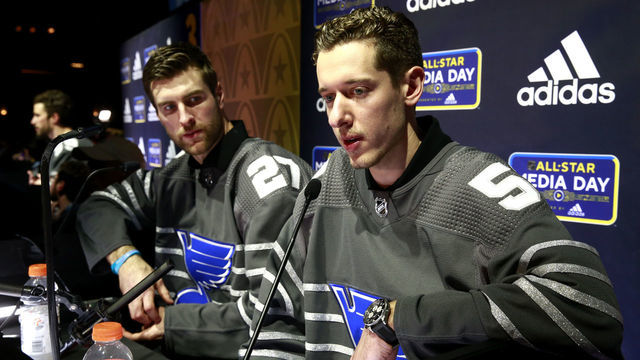 ST LOUIS, MISSOURI - JANUARY 23: Alex Pietrangelo #27 and Jordan Binnington #50 of the St. Louis Blues speak to the media during the 2020 NHL All-Star media day at the Stifel Theater on January 23, 2020 in St Louis, Missouri.
