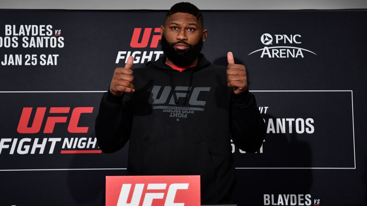RALEIGH, NC - JANUARY 24: Curtis Blaydes poses on the scale during the UFC Fight Night weigh-ins at the Embassy Suites Raleigh - Crabtree on January 24, 2020 in Raleigh, North Carolina.