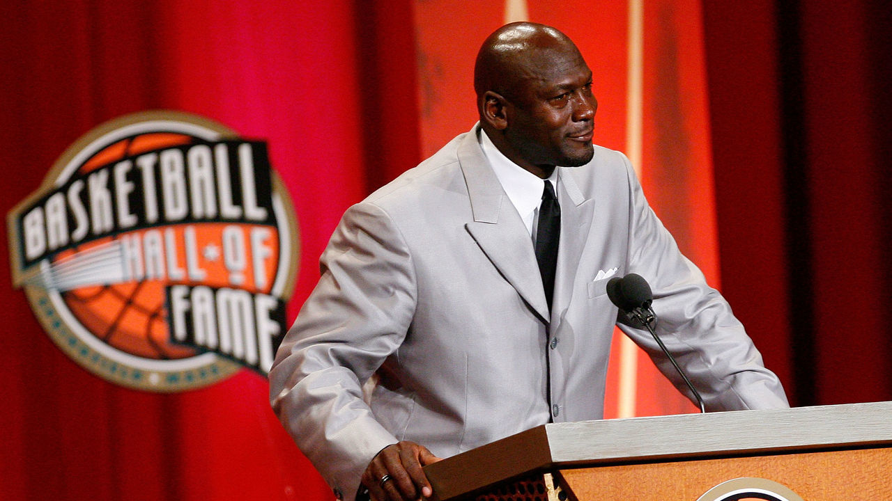 SPRINGFIELD, MA - SEPTEMBER 11: Michael Jordan reacts during his induction into the Naismith Memorial Basketball Hall of Fame on September 11, 2009 in Springfield, Massachusetts.
