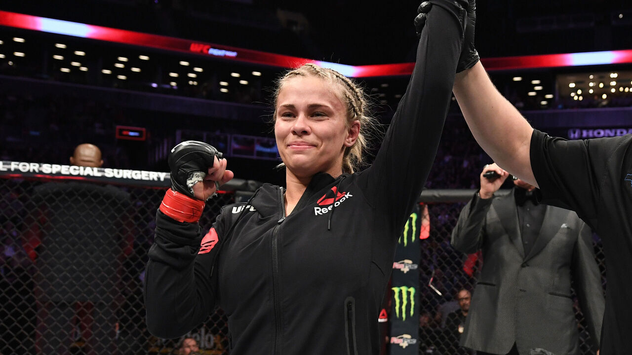 NEW YORK, NY - JANUARY 19: Paige VanZant celebrates her victory over Rachael Ostovich in their women's flyweight bout during the UFC Fight Night event at the Barclays Center on January 19, 2019 in the Brooklyn borough of New York City.