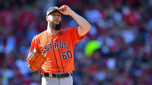 CLEVELAND, OH - OCTOBER 8: Dallas Keuchel #60 of the Houston Astros looks on during Game 3 of the ALDS against the Cleveland Indians at Progressive Field on Monday, October 8, 2018 in Cleveland, Ohio.