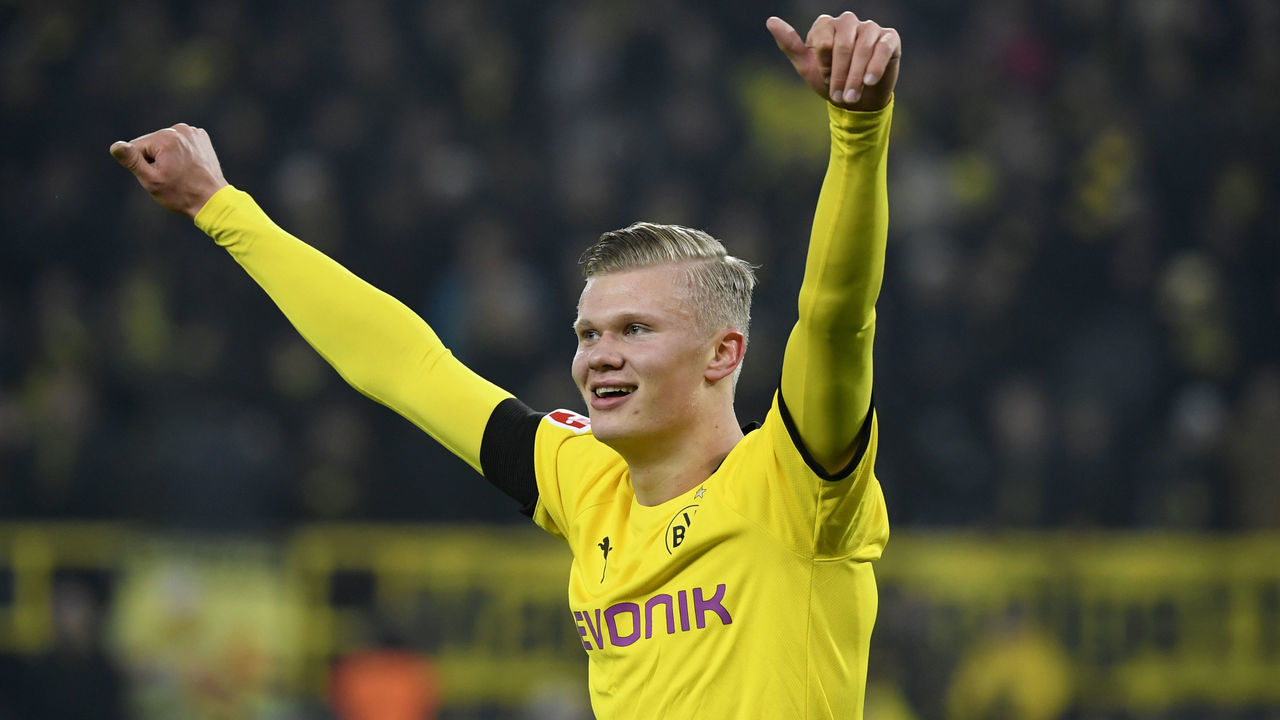 Dortmund's Norwegian forward Erling Braut Haaland celebrates scoring during the German first division Bundesliga football match Borussia Dortmund v FC Cologne in Dortmund, on January 24, 2020.