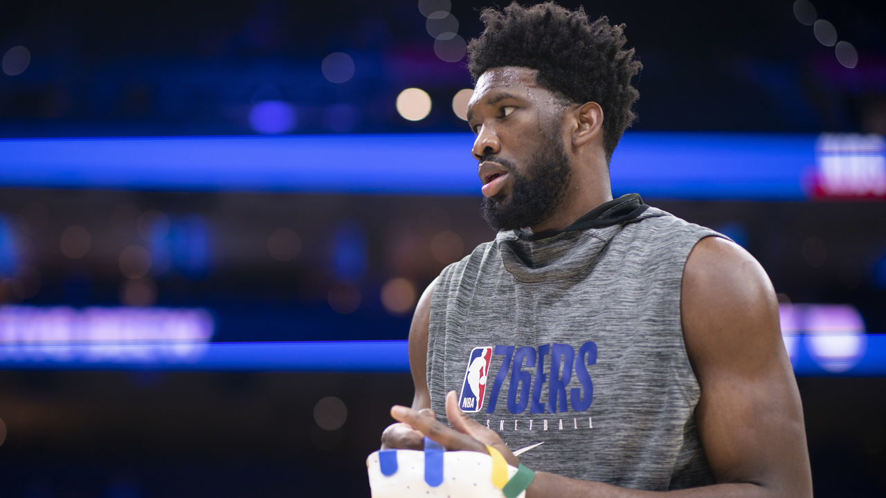 PHILADELPHIA, PA - JANUARY 17: Joel Embiid #21 of the Philadelphia 76ers looks on prior to the game against the Chicago Bulls at the Wells Fargo Center on January 17, 2020 in Philadelphia, Pennsylvania. NOTE TO USER: User expressly acknowledges and agrees that, by downloading and/or using this photograph, user is consenting to the terms and conditions of the Getty Images License Agreement.