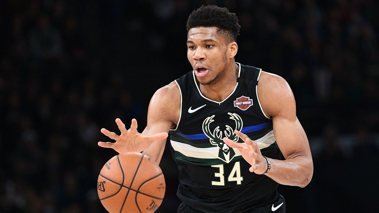 Milwaukee Bucks forward Giannis Antetokounmpo controls the ball during the NBA basketball match between Milwaukee Bucks and Charlotte Hornets at The AccorHotels Arena in Paris on January 24, 2020.