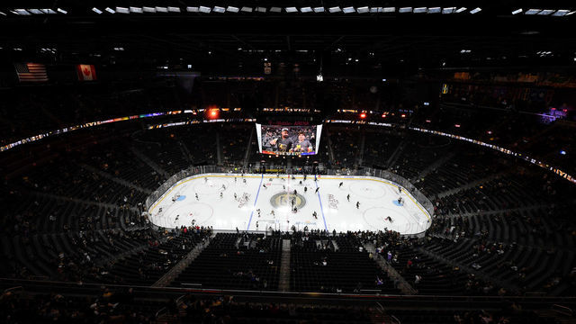 LAS VEGAS, NEVADA - OCTOBER 08: A general view shows the Boston Bruins and the Vegas Golden Knights warming up before their game at T-Mobile Arena on October 8, 2019 in Las Vegas, Nevada. The Bruins defeated the Golden Knights 4-3.