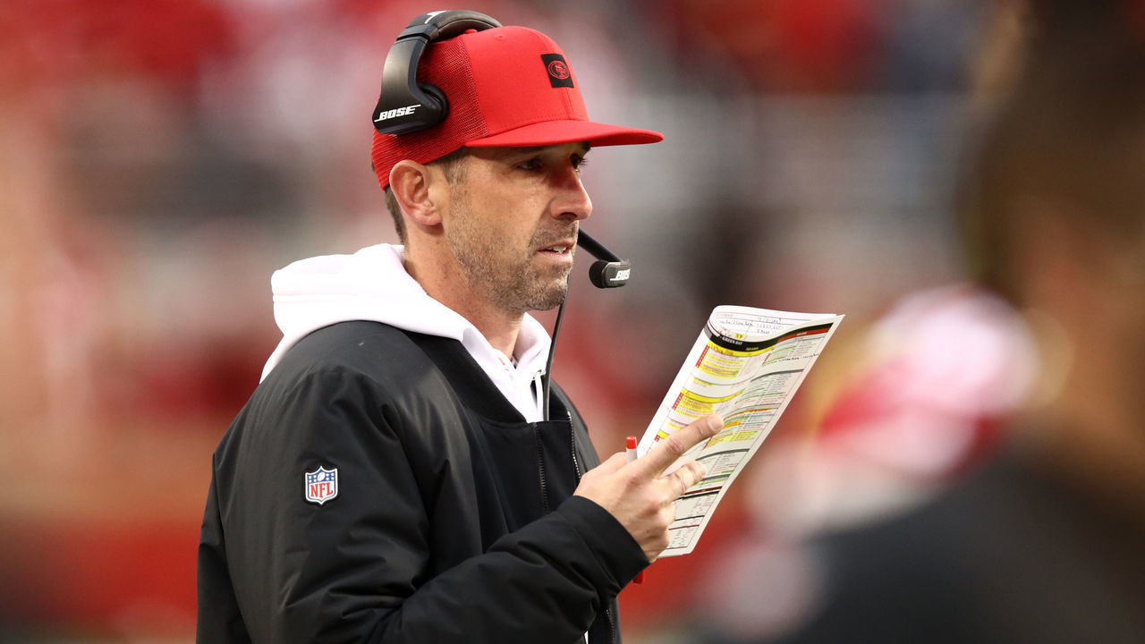 SANTA CLARA, CALIFORNIA - JANUARY 19: Head coach Kyle Shanahan of the San Francisco 49ers looks on from the sidelines in the first half against the Green Bay Packers during the NFC Championship game at Levi's Stadium on January 19, 2020 in Santa Clara, California.