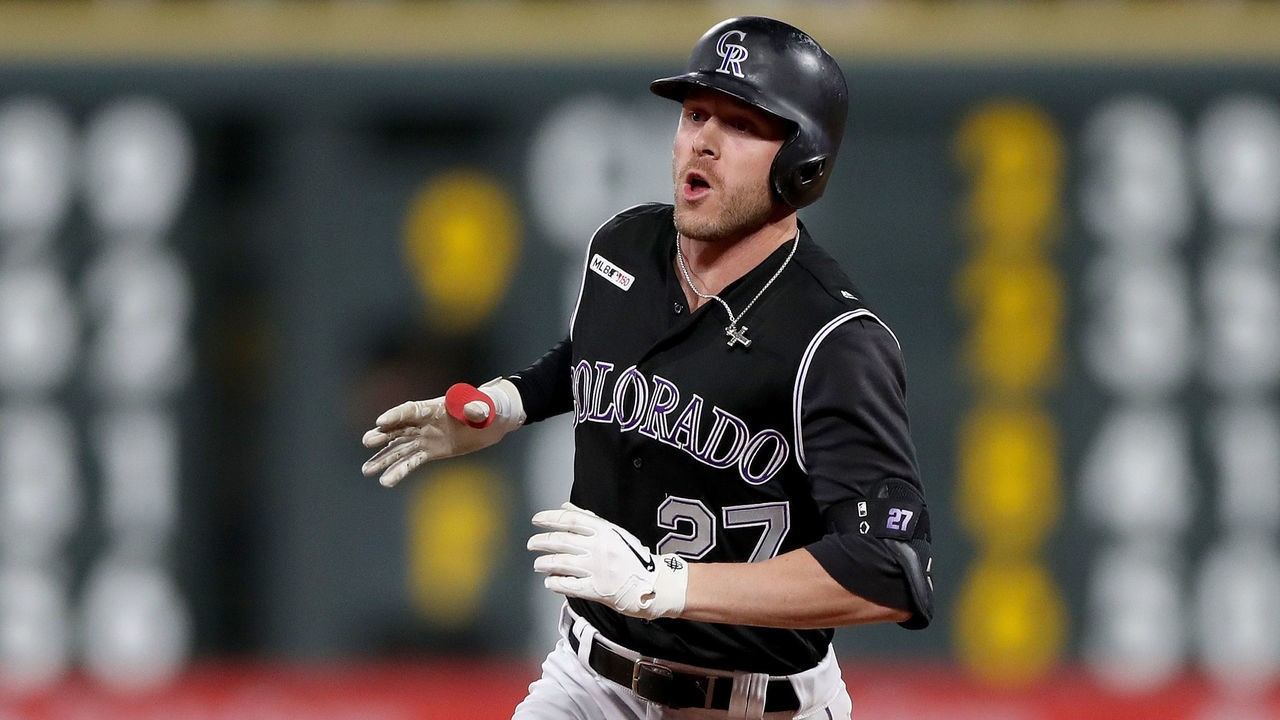 DENVER, COLORADO - SEPTEMBER 28: Trevor Story #27 of the Colorado Rockies circles the bases after hitting a walk off home in the tenth inning against the Milwaukee Brewers at Coors Field on September 28, 2019 in Denver, Colorado.