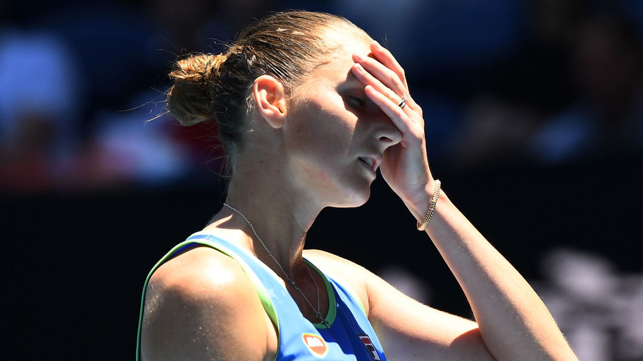 Czech Republic's Karolina Pliskova reacts during her women's singles match against Russia's Anastasia Pavlyuchenkova on day six of the Australian Open tennis tournament in Melbourne on January 25, 2020.