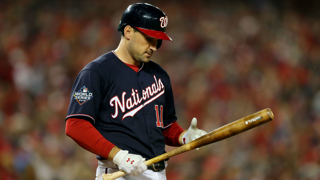 WASHINGTON, DC - OCTOBER 25: Ryan Zimmerman #11 of the Washington Nationals checks his bat during Game 3 of the 2019 World Series between the Houston Astros and the Washington Nationals at Nationals Park on Friday, October 25, 2019 in Washington, District of Columbia.