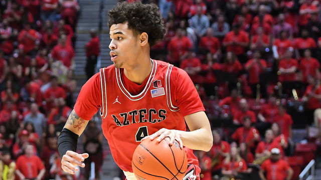 SAN DIEGO, CA - JANUARY 18: San Diego State Aztecs guard Trey Pulliam (4) during a college basketball game between the Nevada Wolf Pack and the San Diego State Aztecs on January 18, 2020 at Viejas Arena at Aztec Bowl in San Diego, CA.