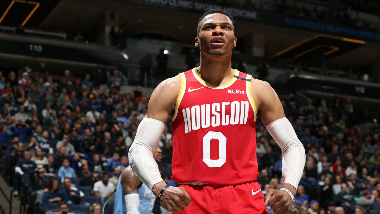 MINNEAPOLIS, MN - JANUARY 24: Russell Westbrook #0 of the Houston Rockets reacts to play against the Minnesota Timberwolves on January 24, 2020 at Target Center in Minneapolis, Minnesota. Mandatory Copyright Notice: Copyright 2020 NBAE