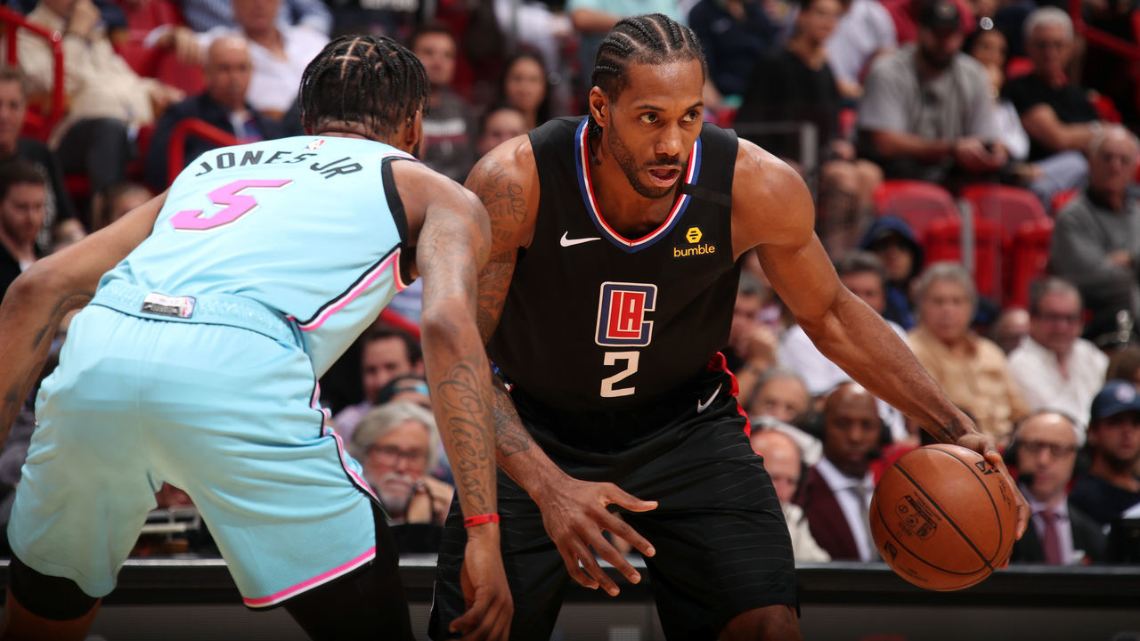 MIAMI, FL - JANUARY 24: Kawhi Leonard #2 of the LA Clippers handles the ball during the game against the Miami Heat on January 24, 2020 at American Airlines Arena in Miami, Florida. Mandatory Copyright Notice: Copyright 2020 NBAE