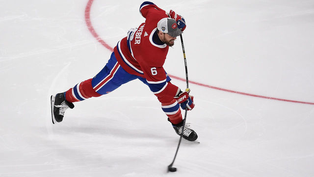 ST. LOUIS, MO - JANUARY 24: Shea Weber #6 of the Montreal Canadiens takes a shot during the Enterprise Hardest Shot competition during the 2020 NHL All-Star Skills at Enterprise Center on January 24, 2020 in St. Louis, Missouri.