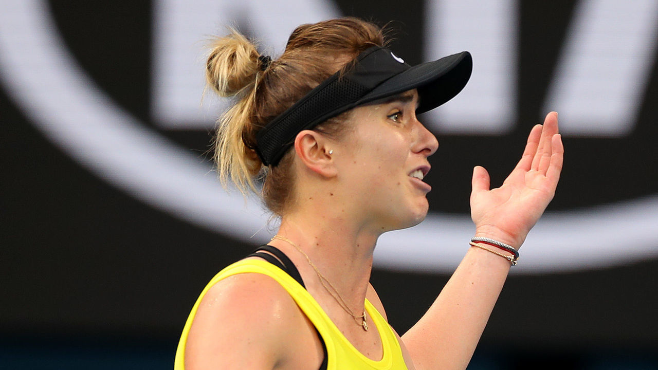 MELBOURNE, AUSTRALIA - JANUARY 25: Elina Svitolina of Ukraine reacts during her Women's Singles third round match against Garbine Muguruza of Spain on day six of the 2020 Australian Open at Melbourne Park on January 25, 2020 in Melbourne, Australia.