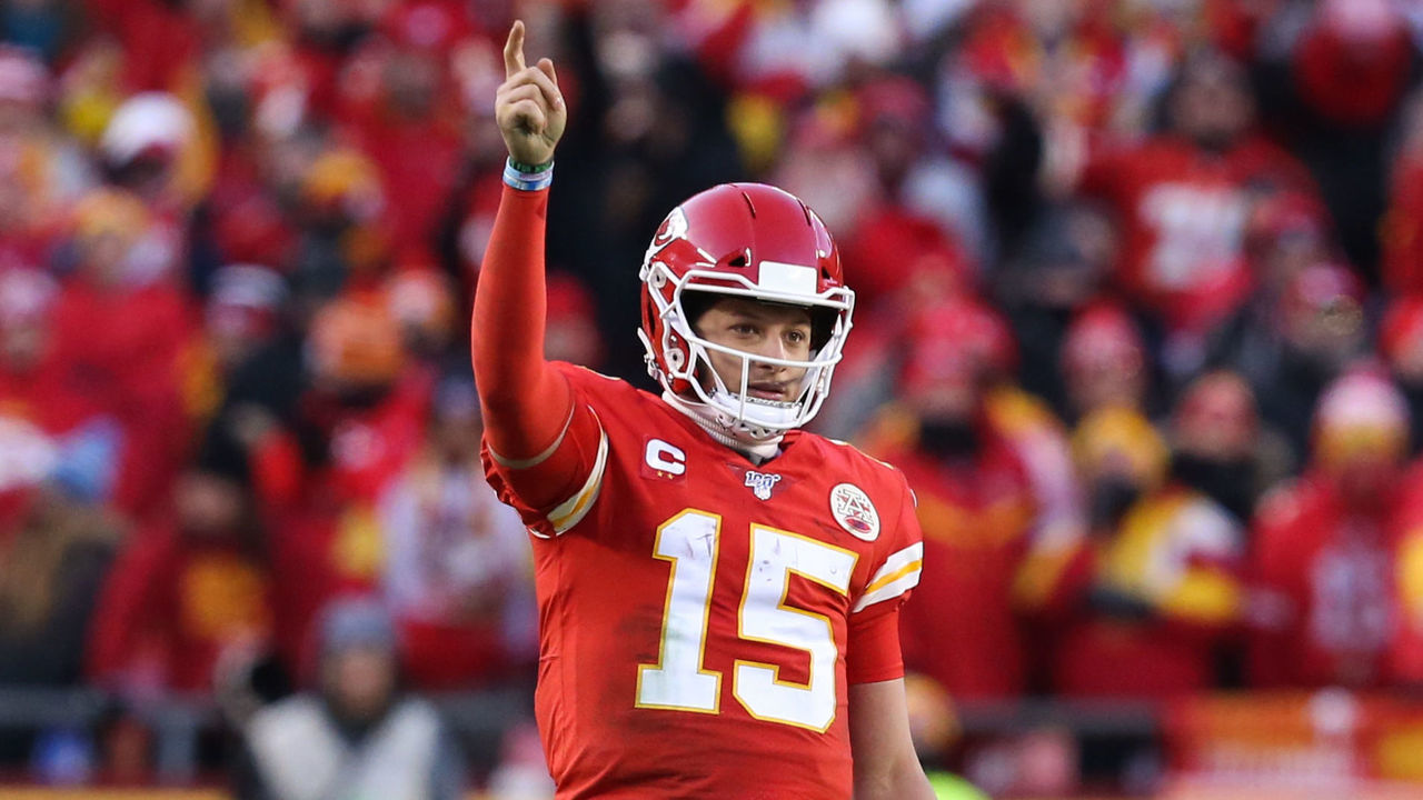 KANSAS CITY, MO - JANUARY 19: Kansas City Chiefs quarterback Patrick Mahomes (15) points to signal first down in the fourth quarter of the AFC Championship game between the Tennessee Titans and Kansas City Chiefs on January 19, 2020 at Arrowhead Stadium in Kansas City, MO.
